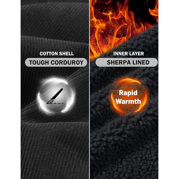 Mens Dark Grey Corduroy Jacket Sherpa Lined Warm Winter Trucker Cargo Coat - Picture 5 of 7